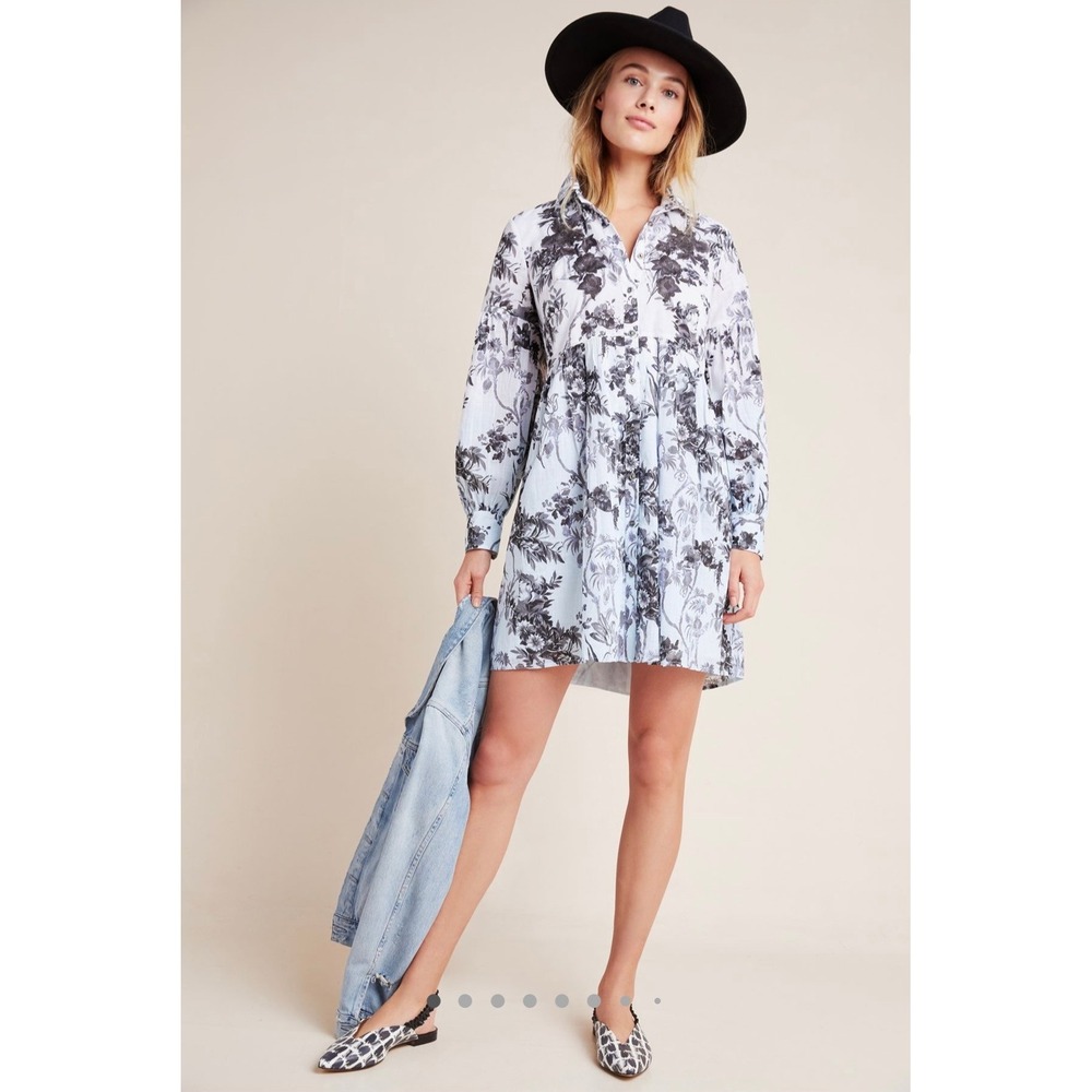 Anthropologie Lavinia Embroidered Blue White Floral Cotton Shirt Dress Size 8 - Picture 2 of 9
